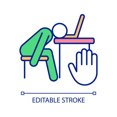 Yanmayı önle RGB renk simgesi. Aşırı yüklemeden kaçının. Çalışan akıl sağlığı. İşten sonra yorgun hissediyorum. İzole vektör çizimi. Basit bir çizgi çizimi. Düzenlenebilir felç. Kullanılan Arial yazı tipi