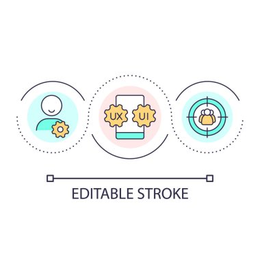 Kullanıcı merkezli uygulama döngü konsepti simgesi. Web sitesi kullanılabilirliği. Dijital servis. UX tasarım prensibi soyut fikir ince çizgi çizimi. İzole bir taslak çizim. Düzenlenebilir felç. Kullanılan Arial yazı tipi