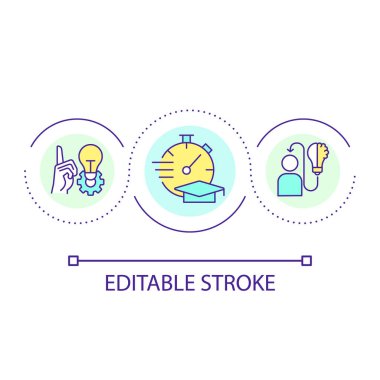 UX döngü konsept simgesinde öğrenilebilirlik. Tasarımda aşinalık. Soyut fikri geliştirme deneyimi. İnce çizgi çizimi. İzole bir taslak çizim. Düzenlenebilir felç. Kullanılan Arial yazı tipi