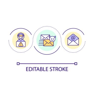 İnternet dolandırıcılığı kavramı ikonu. Dijital sahtekarlık. Hacker saldırıyor. Sosyal mühendislik suçu. Şantaj soyut fikir ince çizgi illüstrasyon. İzole bir taslak çizim. Düzenlenebilir felç. Kullanılan Arial yazı tipi