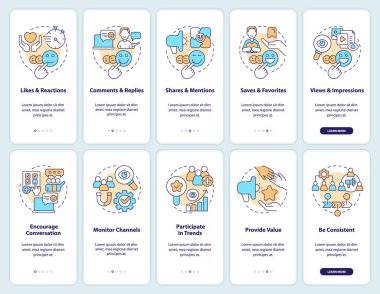 Mobil uygulama ekranında sosyal medya bağlantısı. Doğrusal kavramlarla birlikte 5 adımlık düzenlenebilir grafik talimatları ile etkileşim. UI, UX, GUI şablonu. Kullanılan sayısız Pro-Kalın, Düzenli yazı tipleri