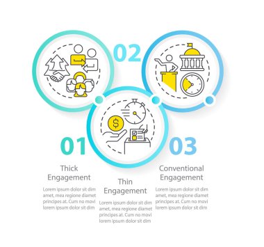 Toplumsal ilişki çemberi bilgi şablonunun yaygın formu. Harekete geç. Veri görselleştirmesi 3 adımda. Düzenlenebilir zaman çizelgesi. Satır simgeleriyle çalışma akışı düzeni. Kullanılan Myriad Pro-Normal yazı tipi