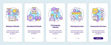 Mobil uygulama ekranında ek eğitim hizmeti sağlayıcıları var. Doğrusal kavramlarla düzenlenebilir grafik yönergelerini 5 adımda gezdir. UI, UX, GUI şablonu. Kullanılan sayısız Pro-Kalın, Düzenli yazı tipleri