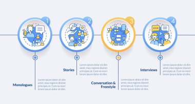 Yaygın podcast türleri çember bilgi şablonu. Dijital eğlence. Veri görselleştirmesi 4 adımda. Düzenlenebilir zaman çizelgesi. Satır simgeleriyle çalışma akışı düzeni. Kullanılan Lato Kalın, Düzenli yazı tipleri