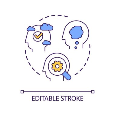 UX tasarım ikonunda zihinsel model. Verimli iş akışı. Araştırma yöntemi. Kullanıcı gerçekliği soyut fikir ince çizgi çizimi olarak algıladı. İzole bir taslak çizim. Düzenlenebilir felç. Kullanılan Arial yazı tipi