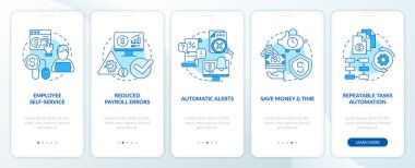Mobil uygulama ekranında bordro işleme yazılımı artıları mavi. Doğrusal kavramlarla düzenlenebilir grafik yönergelerini 5 adımda gezdir. UI, UX, GUI şablonu. Kullanılan sayısız Pro-Kalın, Düzenli yazı tipleri
