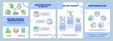 Maaş yöneticisi ol mavi broşür şürü. Çizgisel simgeli broşür tasarımı. Sunum için düzenlenebilir 4 vektör düzeni, yıllık raporlar. Arial-Black, Kullanılan Myriad Pro-Normal yazı tipleri