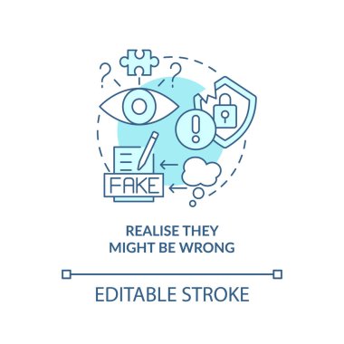 Bilgilerin yanlış turkuaz konsept ikonu olabileceğini fark et. İçerik hijyen soyut fikir ince çizgi çizimi. İzole bir taslak çizim. Düzenlenebilir felç. Arial, Myriad Pro-Kalın yazı tipleri