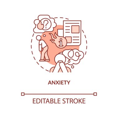 Anksiyete kırmızı konsept ikonu. Medya aşırı yüklendi. Saplantılı bir şekilde haber konusu soyut fikir ince çizgili illüstrasyon. İzole bir taslak çizim. Düzenlenebilir felç. Arial, Myriad Pro-Kalın yazı tipleri