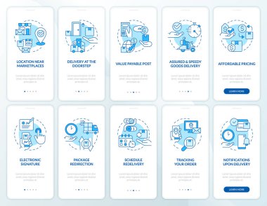 Teslimat hizmeti avantajları mavi renkli mobil uygulama ekranında. Doğrusal kavramlarla düzenlenebilir grafik yönergelerini 5 adımda gezdir. UI, UX, GUI şablonu. Kullanılan sayısız Pro-Kalın, Düzenli yazı tipleri