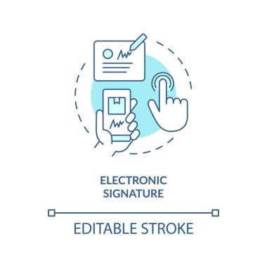 Elektronik imza turkuaz konsept ikonu. Dijital imza ile soyut fikir ince çizgi illüstrasyonunu alabilirsiniz. İzole bir taslak çizim. Düzenlenebilir felç. Arial, Myriad Pro-Kalın yazı tipleri