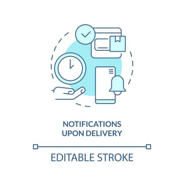 Teslimat turkuaz konsept simgesi üzerine uyarılar. Paket ilerleme iletileri soyut fikir ince çizgi illüstrasyonu. İzole bir taslak çizim. Düzenlenebilir felç. Arial, Myriad Pro-Kalın yazı tipleri