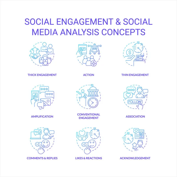 stock vector Social engagement blue gradient concept icons set. Social media analysis. Digital marketing. Involvement idea thin line color illustrations. Isolated symbols. Roboto-Medium, Myriad Pro-Bold fonts used