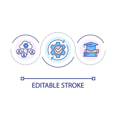 E öğrenme teknolojisi döngü konsepti simgesi. Çevrimiçi eğitim tesisi. Program soyut fikir inceleniyor ince çizgi çizimi. İzole bir taslak çizim. Düzenlenebilir felç. Kullanılan Arial yazı tipi