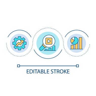 İçerik sonuçları döngü konsepti simgesini analiz ediyor. Canlı yayın. Dijital pazarlama. Video blogu üretimi soyut fikir ince çizgi çizimi. İzole bir taslak çizim. Düzenlenebilir felç. Kullanılan Arial yazı tipi