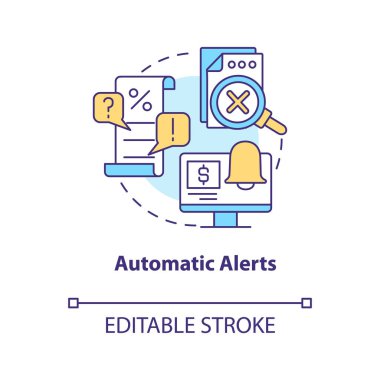 Konsept simgesini otomatik uyarır. Maaş işleme yazılımı fikri soyut ve ince çizgili çizgilerden yararlanıyor. İzole bir taslak çizim. Düzenlenebilir felç. Arial, Myriad Pro-Kalın yazı tipleri