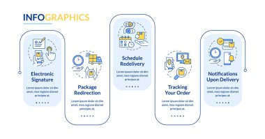 Teslimat servisleri bilgi şablonunu dikdörtgen şeklinde yapar. Postane. Nakliye. Veri görselleştirmesi 5 adımda. Düzenlenebilir zaman çizelgesi. Satır simgeleriyle çalışma akışı düzeni. Lato Kalın, kullanılan düzenli yazı tipleri