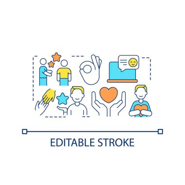 Sosyal medya çatışma konsepti ikonu. Destek grubu. Olumlu iletişim. Dijital topluluk fikri soyut ince çizgi çizimi. İzole bir taslak çizim. Düzenlenebilir felç. Kullanılan Arial yazı tipi