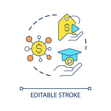Çevrimiçi yayın konsepti ikonu ile para kazanmak. İçerik parasallaşması. Tam zamanlı soyut fikir ince çizgili illüstrasyon haline gel. İzole bir taslak çizim. Düzenlenebilir felç. Kullanılan Arial yazı tipi