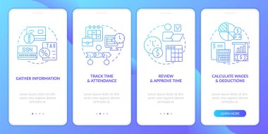 Maaş işleme, mobil uygulama ekranında mavi gradyan aşaması. Doğrusal kavramlarla birlikte dört aşamalı grafik talimatları incele. UI, UX, GUI şablonu. Kullanılan sayısız Pro-Kalın, Düzenli yazı tipleri