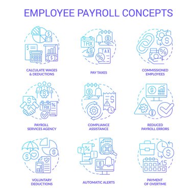 Çalışan maaş bordrosu mavi gradyan konsept simgeleri belirlendi. İş için işçi maaşı. Tazminat fikri ince çizgi renk çizimleri. İzole semboller. Kullanılan Roboto-Orta, Myriad Pro-Kalın yazı tipleri