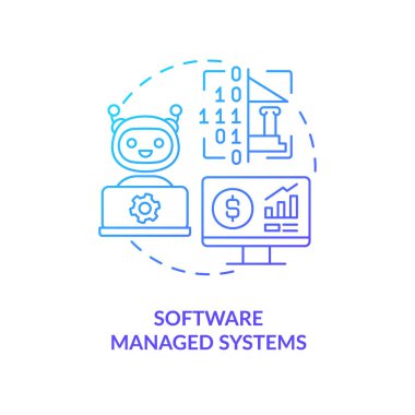 Yazılım yönetimi sistemleri mavi gradyan konsept simgesi. Dijital muhasebe. Maaş bordroları otomasyon işleme fikri soyut ince çizgi çizimi. İzole bir taslak çizim. Kullanılan sayısız Pro-Kalın yazı tipi