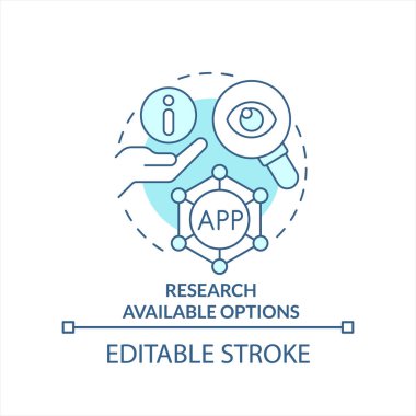 Kullanılabilir araştırma seçenekleri turkuaz konsept simgesi. Mevcut iş araçlarını soyut fikir ince çizgi illüstrasyonuyla karşılaştır. İzole bir taslak çizim. Düzenlenebilir felç. Arial, Myriad Pro-Kalın yazı tipleri