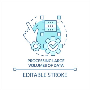 Turkuaz konsept ikonu büyük miktarlarda veri işleniyor. İş aletleri. Büyük veritabanı fikri ince çizgi çizimi. İzole bir taslak çizim. Düzenlenebilir felç. Arial, Myriad Pro-Kalın yazı tipleri