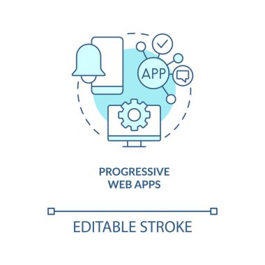 Gelişen web uygulamaları turkuaz konsept simgesi. Dijital endüstri dönüşümü soyut fikir ince çizgi çizimi. İzole bir taslak çizim. Düzenlenebilir felç. Arial, Myriad Pro-Kalın yazı tipleri