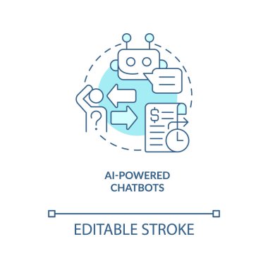 Yapay zeka destekli sohbet robotları turkuaz konsept ikonu. Kullanıcı deneyimi. Web endüstrisi, soyut fikir ince çizgi çizimi eğilimindedir. İzole bir taslak çizim. Düzenlenebilir felç. Arial, Myriad Pro-Kalın yazı tipleri