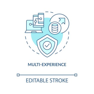 Çoklu deneyimli turkuaz konsept simgesi. Uygulama kullanılabilirliği. Web teknolojisindeki trend soyut fikir ince çizgi illüstrasyonunda. İzole bir taslak çizim. Düzenlenebilir felç. Arial, Myriad Pro-Kalın yazı tipleri