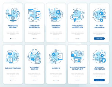 Web geliştirme trendleri mobil uygulama ekranında mavi renkte. Doğrusal kavramlarla düzenlenebilir grafik yönergelerini 5 adımda gezdir. UI, UX, GUI şablonu. Kullanılan sayısız Pro-Kalın, Düzenli yazı tipleri