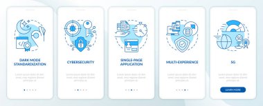 Dijital teknoloji, mobil uygulama ekranında mavi trendler gösteriyor. Doğrusal kavramlarla düzenlenebilir grafik yönergelerini 5 adımda gezdir. UI, UX, GUI şablonu. Kullanılan sayısız Pro-Kalın, Düzenli yazı tipleri