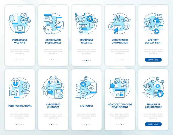 Webentwicklungstrends Blue Onboarding Mobile App Bildschirm Eingestellt Schritten Bearbeitbare Grafische — Stockvektor
