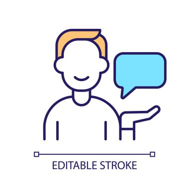 Yorumlar RGB renk simgesi. Mesaj gönder. Dijital iletişim. Çevrimiçi konuşma. Yardım sağlayın. İzole vektör çizimi. Basit bir çizgi çizimi. Düzenlenebilir felç. Kullanılan Arial yazı tipi