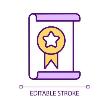 Başarı belgesi RGB renk simgesi. Mezun öğrenci diploması. Eğitim programı belgesi. İzole vektör çizimi. Basit bir çizgi çizimi. Düzenlenebilir felç. Kullanılan Arial yazı tipi