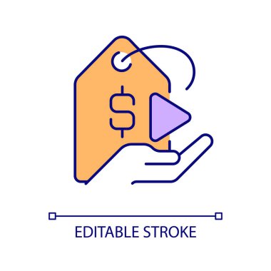 Paralı çokluortam içeriği RGB renk simgesi. Canlı flamalı. Dijital pazarlama. Video blogcusu geliri. İzole vektör çizimi. Basit bir çizgi çizimi. Düzenlenebilir felç. Kullanılan Arial yazı tipi