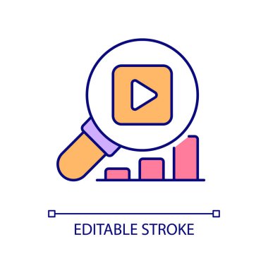 Video performansı RGB renk simgesi analiz ediliyor. Veri analizi İçerik oluşturma. Dijital pazarlama. Sosyal medya. İzole vektör çizimi. Basit bir çizgi çizimi. Düzenlenebilir felç. Kullanılan Arial yazı tipi