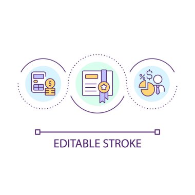 Sertifikalı muhasebeci yardım döngüsü konsepti ikonu. Kurumsal bütçe hesaplaması. Mali soyut fikir ince çizgi çizimi. İzole bir taslak çizim. Düzenlenebilir felç. Kullanılan Arial yazı tipi