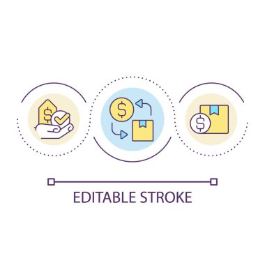 Uygun fiyatlandırma döngüsü konsepti simgesi. Finansal operasyon. Teslimat ücreti. Soyut fikir alışverişini sağlayın ince çizgi çizimi. İzole bir taslak çizim. Düzenlenebilir felç. Kullanılan Arial yazı tipi