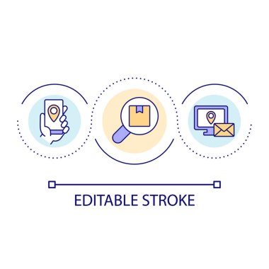 Paket izleme döngüsü konsepti simgesi. Paket izleme. Teslimat yönetimi. Taşımacılık fikri soyut ince çizgi çizimi. İzole bir taslak çizim. Düzenlenebilir felç. Kullanılan Arial yazı tipi