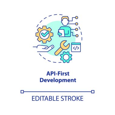 API ilk geliştirme konsepti simgesi. Ürün merkezli. Web teknolojisindeki trend soyut fikir ince çizgi illüstrasyonunda. İzole bir taslak çizim. Düzenlenebilir felç. Arial, Myriad Pro-Kalın yazı tipleri