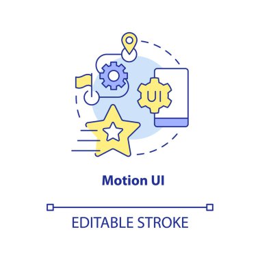 Motion UI konsept simgesi. Uygulama üretimi. Web sitesi geliştirme eğilimi soyut fikir ince çizgi illüstrasyonu. İzole bir taslak çizim. Düzenlenebilir felç. Arial, Myriad Pro-Kalın yazı tipleri