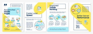 Hızlandırılmış cep telefonu sayfaları teknolojisi mavi ve sarı broşür şürü. Çizgisel simgeli broşür tasarımı. Sunum için düzenlenebilir 4 vektör düzeni, yıllık raporlar. Questrial, Lato-Düzenli yazı tipleri