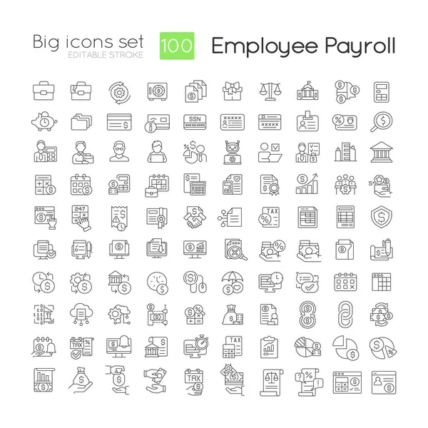 stock vector Employee payroll linear icons set. Wage payment regulation. Accounting service. Customizable thin line symbols. Isolated vector outline illustrations. Editable stroke. Quicksand-Light font used