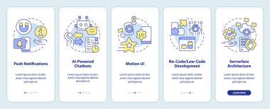 Web sitesi teknolojisi mobil uygulama ekranında. Doğrusal kavramlarla düzenlenebilir grafik yönergelerini 5 adımda gezdir. UI, UX, GUI şablonu. Kullanılan sayısız Pro-Kalın, Düzenli yazı tipleri