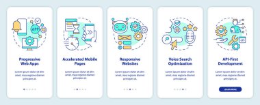 Mobil uygulama ekranında web geliştirme trendleri. Dijital endüstri, doğrusal kavramlarla birlikte düzenlenebilir grafik talimatlarını 5 adımdan geçirir. UI, UX, GUI şablonu. Kullanılan sayısız Pro-Kalın, Düzenli yazı tipleri