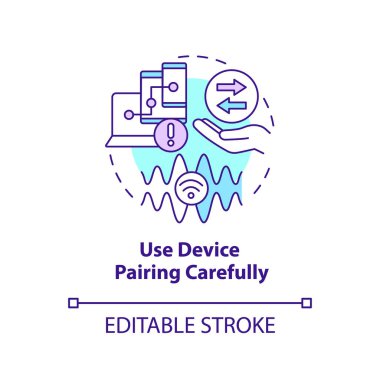 Aygıt eşleştirme konsept simgesini dikkatlice kullan. Kablosuz bağlantı tehlikesi. Hack soyut fikir ince çizgi illüstrasyonunu engeller. İzole bir taslak çizim. Düzenlenebilir felç. Arial, Myriad Pro-Kalın yazı tipleri