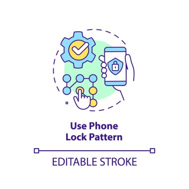 Telefon kilidi konsept simgesini kullan. Akıllı telefon grafik anahtarı. Aygıt parolası soyut fikir ince çizgi çizimi. İzole bir taslak çizim. Düzenlenebilir felç. Arial, Myriad Pro-Kalın yazı tipleri