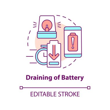 Batarya konsept ikonu boşaltımı. Telefon mantığını boşaltıyorum. Düşük cihazlı enerji soyut fikir ince çizgi çizimi. İzole bir taslak çizim. Düzenlenebilir felç. Arial, Myriad Pro-Kalın yazı tipleri